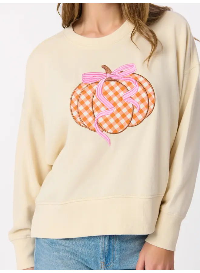 Gingham Pumpkin Relaxed Sweatshirt Cream