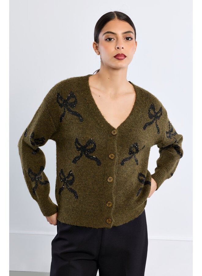 Knitted Button Up Cardigan Khaki with Black Bows