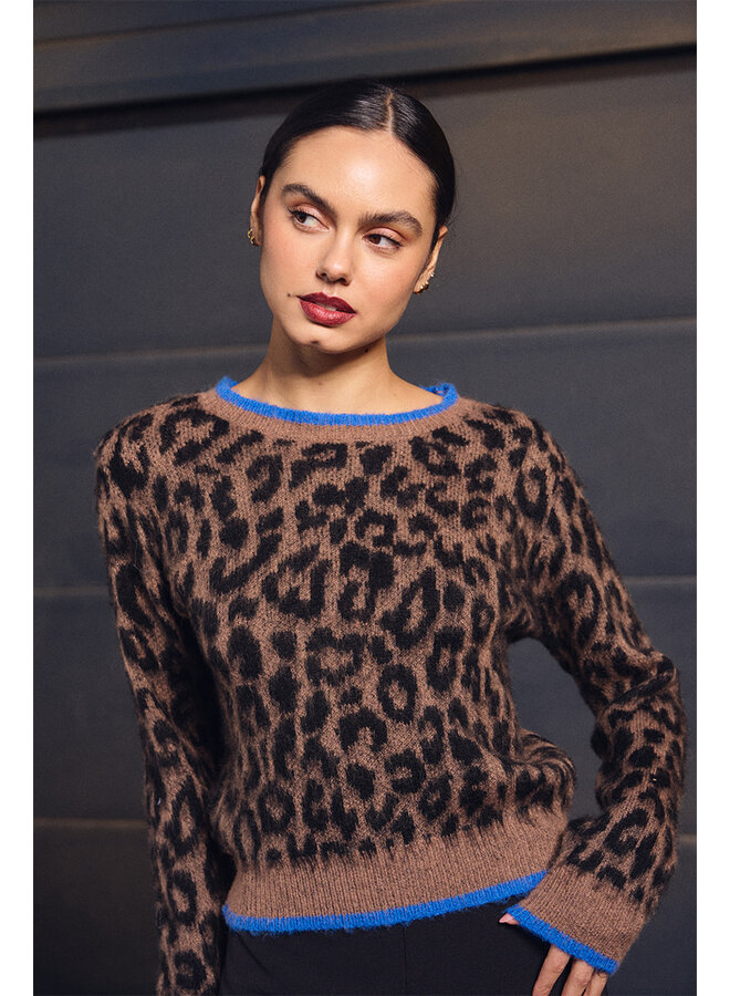 Knitted Sweater Leopard Brown with Blue Trim