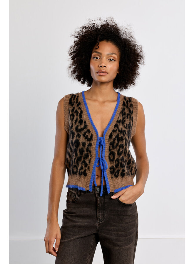 Knitted Sleeveless Tie Front Cardigan Leopard Brown with Blue Trim