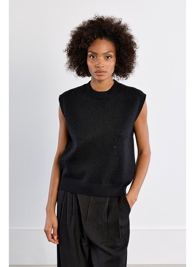 Knitted Sleeveless Sweater Black with Sequins