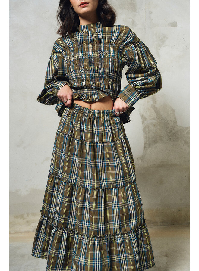 Cotton Midi Skirt Khaki & Blue Plaid