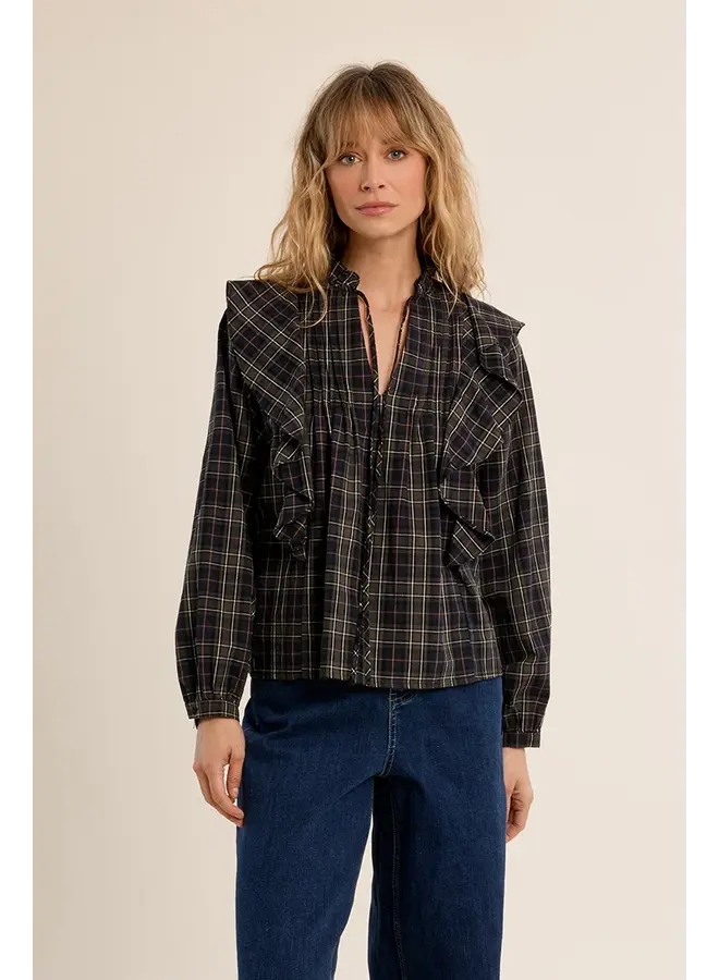 Cotton Tie Front Blouse Khaki & Navy Check