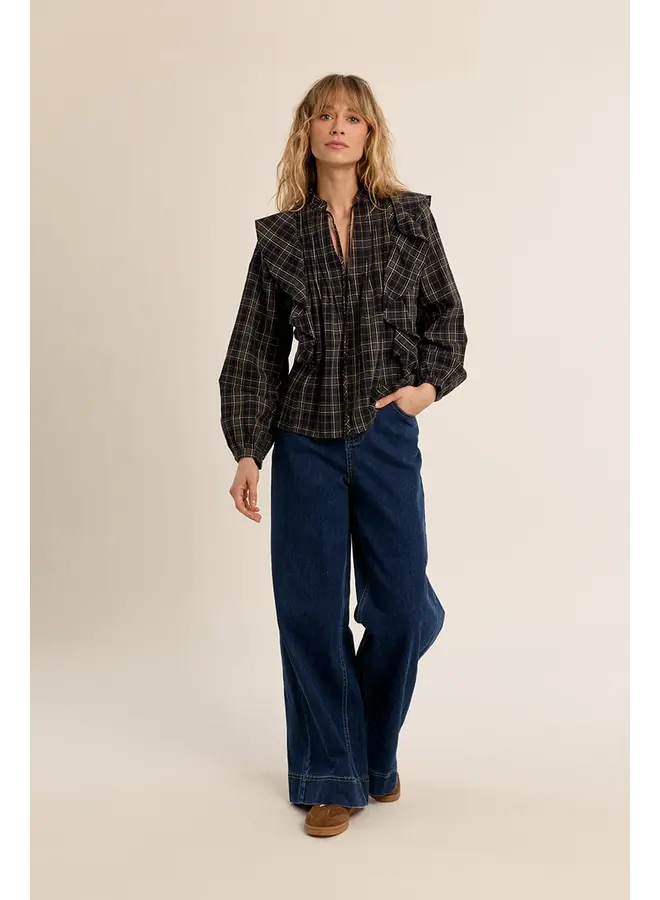 Cotton Tie Front Blouse Khaki & Navy Check