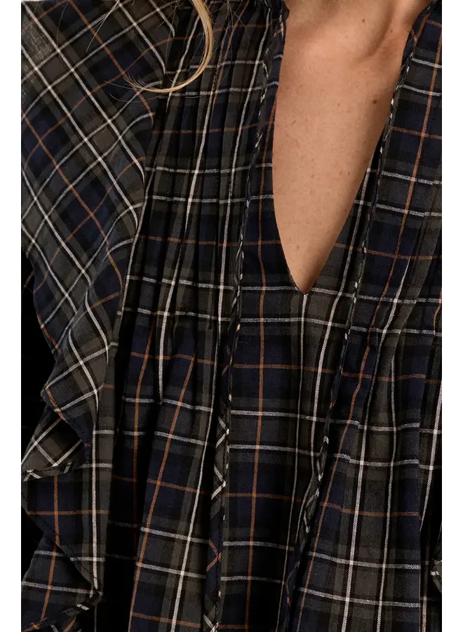 Cotton Tie Front Blouse Khaki & Navy Check
