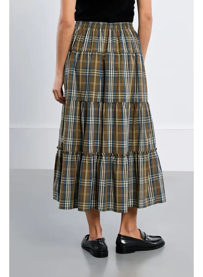 Cotton Midi Skirt Khaki & Blue Plaid