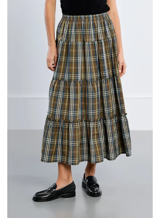 Cotton Midi Skirt Khaki & Blue Plaid