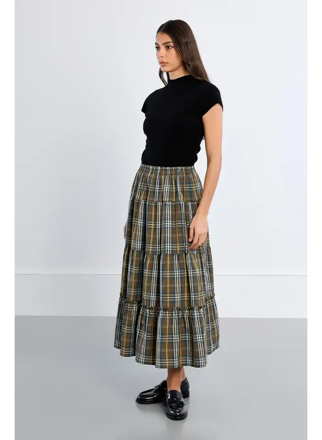 Cotton Midi Skirt Khaki & Blue Plaid
