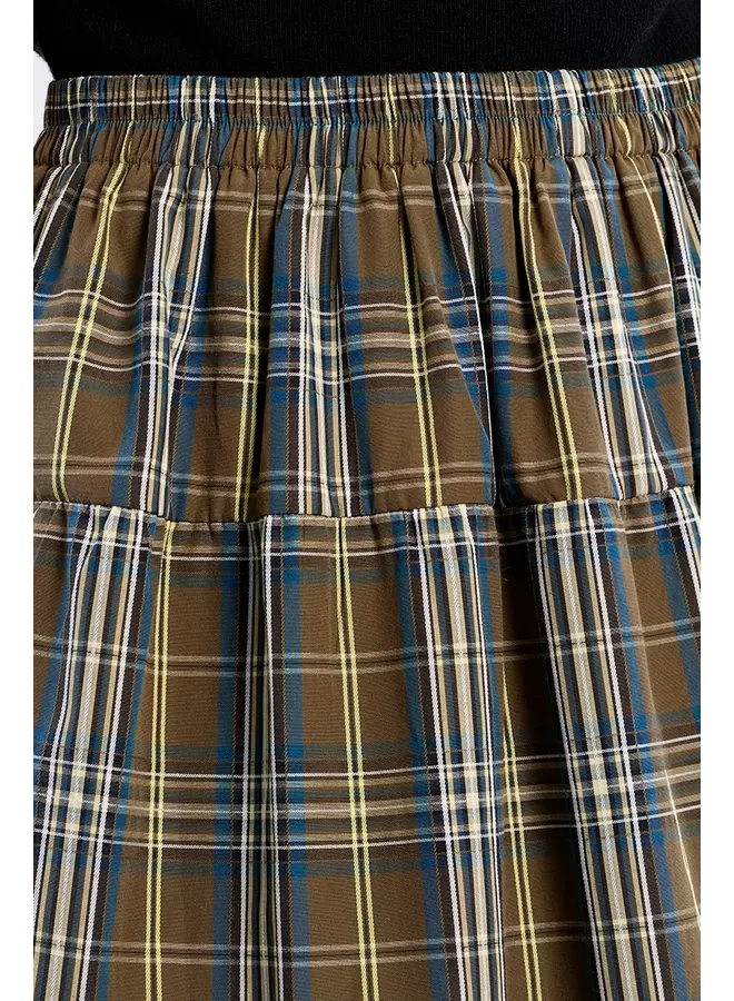Cotton Midi Skirt Khaki & Blue Plaid