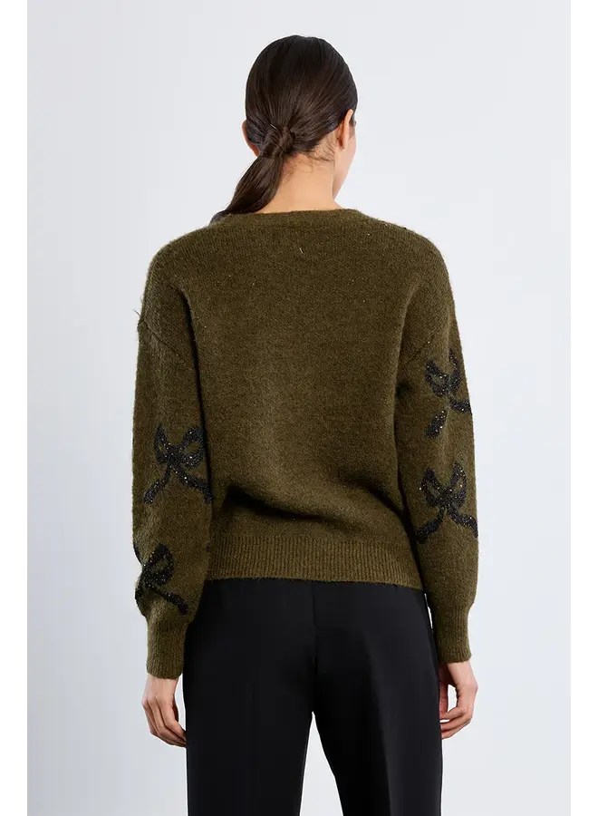 Knitted Button Up Cardigan Khaki with Black Bows