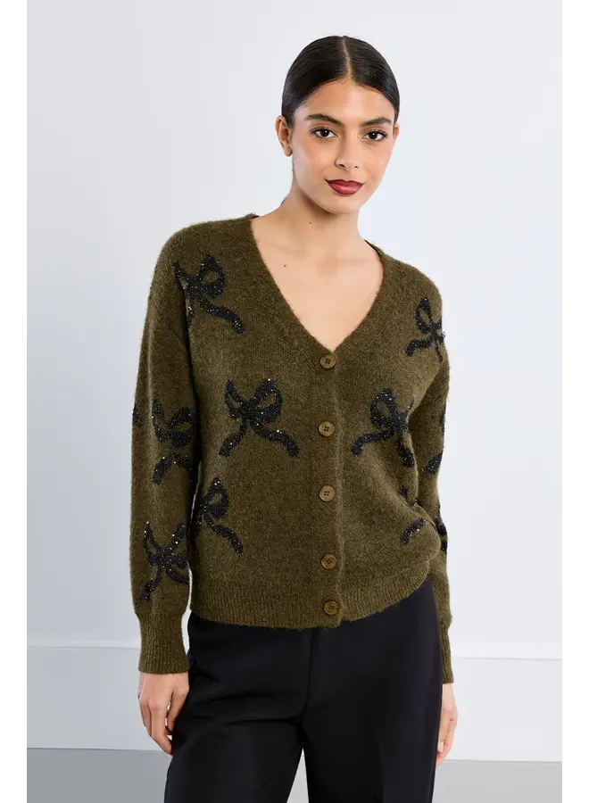 Knitted Button Up Cardigan Khaki with Black Bows