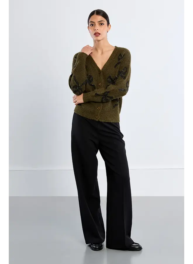 Knitted Button Up Cardigan Khaki with Black Bows