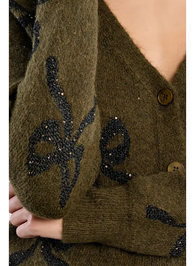 Knitted Button Up Cardigan Khaki with Black Bows