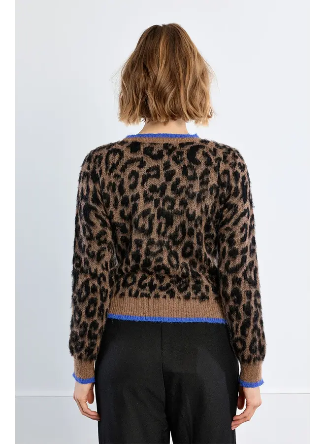 Knitted Sweater Leopard Brown with Blue Trim