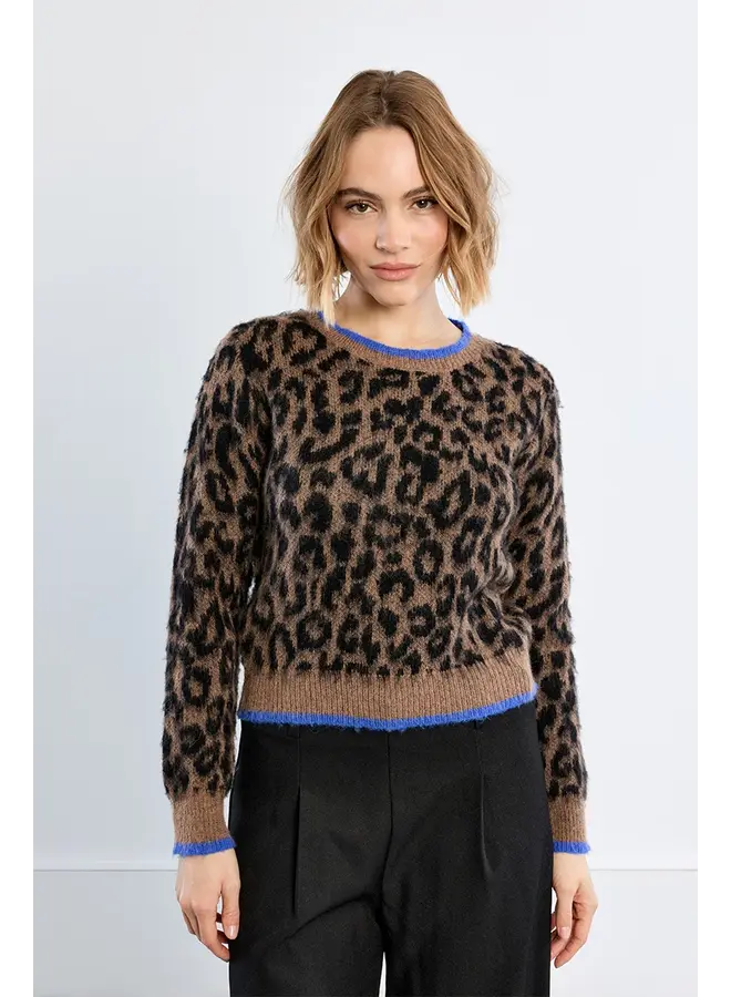 Knitted Sweater Leopard Brown with Blue Trim