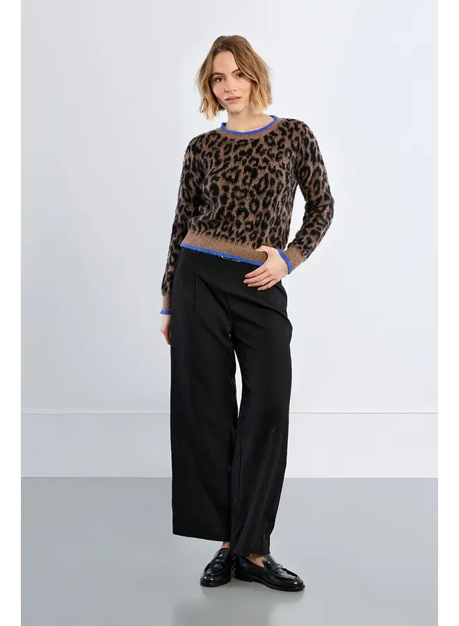 Knitted Sweater Leopard Brown with Blue Trim