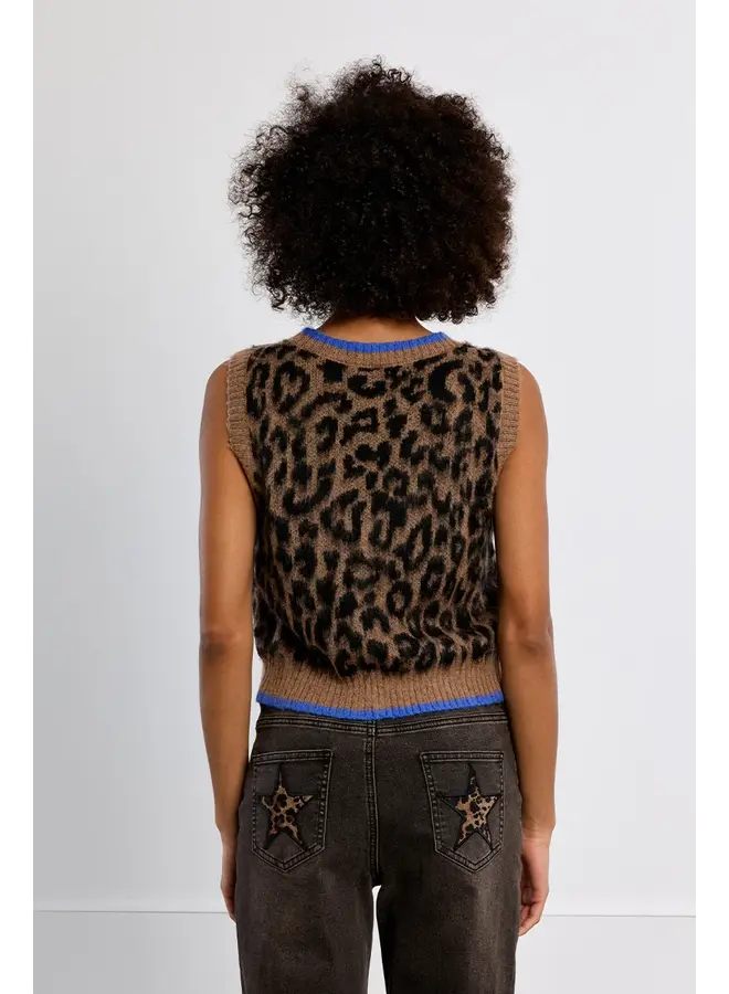 Knitted Sleeveless Tie Front Cardigan Leopard Brown with Blue Trim