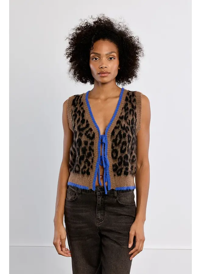Knitted Sleeveless Tie Front Cardigan Leopard Brown with Blue Trim