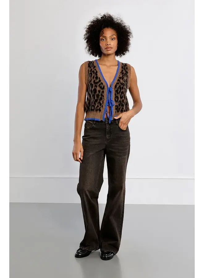 Knitted Sleeveless Tie Front Cardigan Leopard Brown with Blue Trim