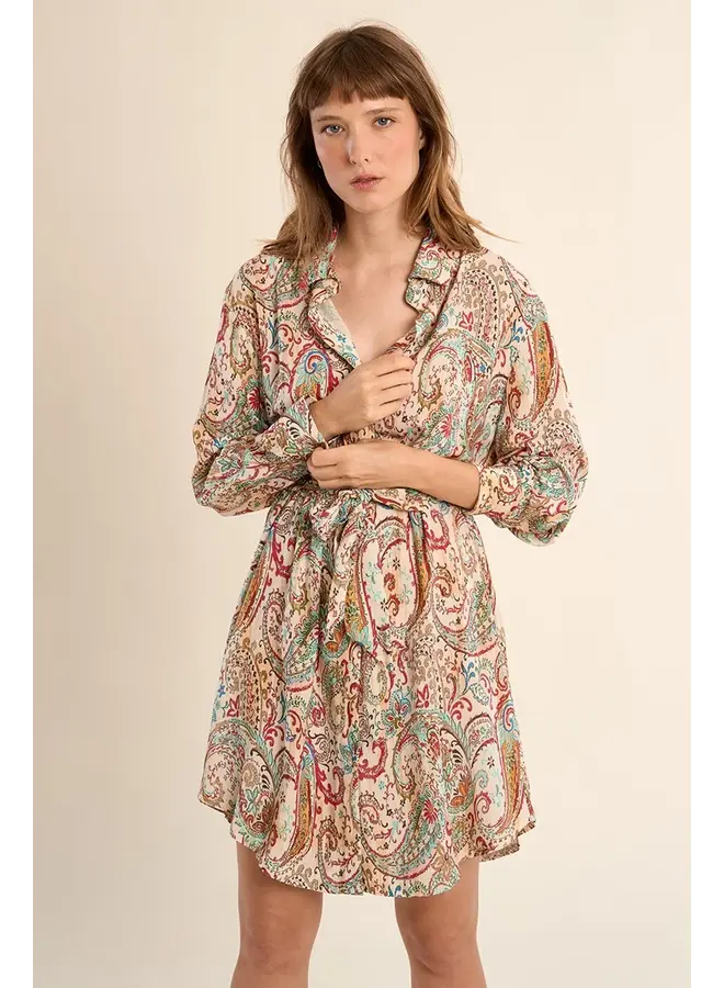 Long Sleeve Paisley Collared Dress Off White Paola
