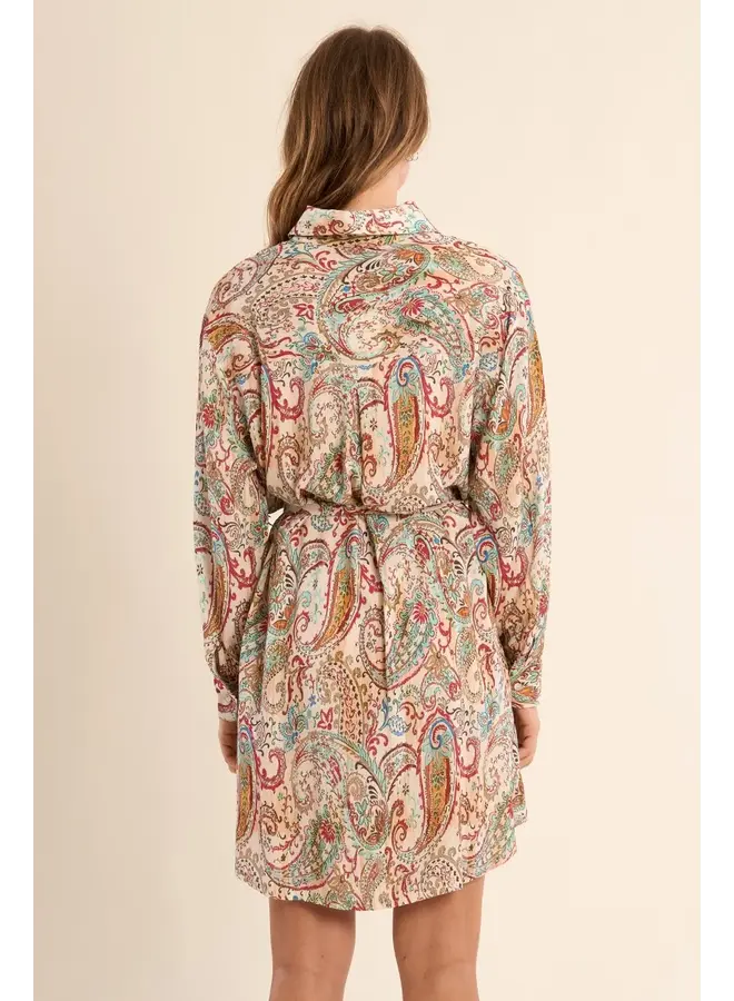 Long Sleeve Paisley Collared Dress Off White Paola