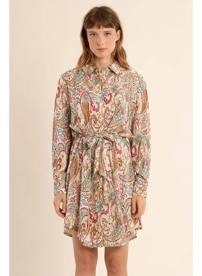 Long Sleeve Paisley Collared Dress Off White Paola