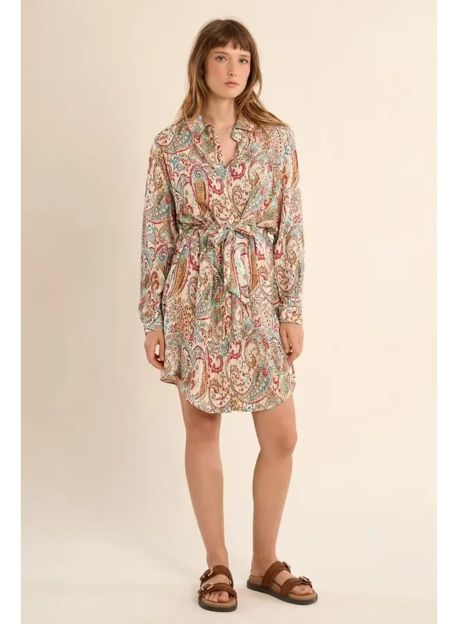 Long Sleeve Paisley Collared Dress Off White Paola