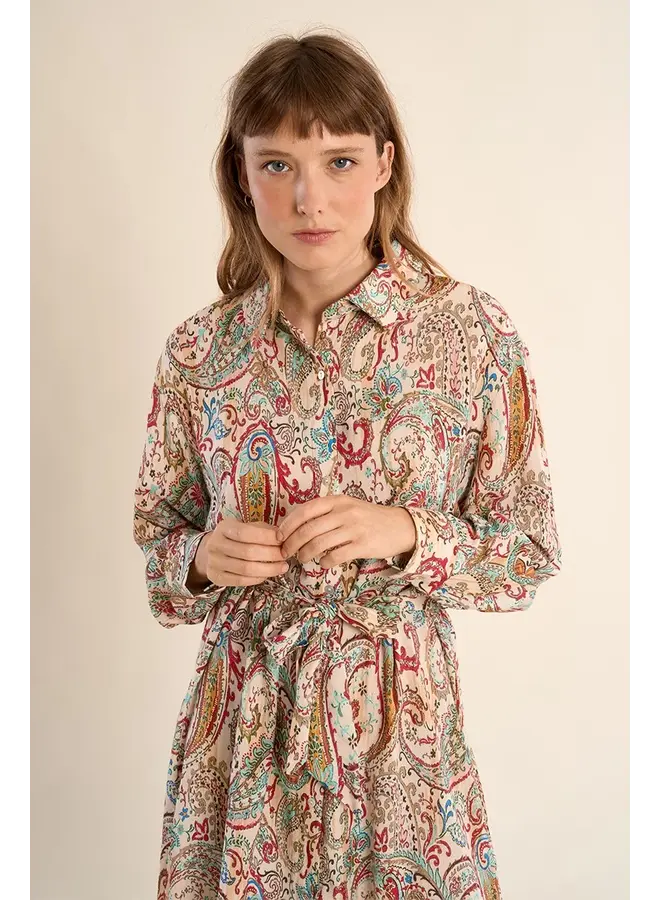 Long Sleeve Paisley Collared Dress Off White Paola