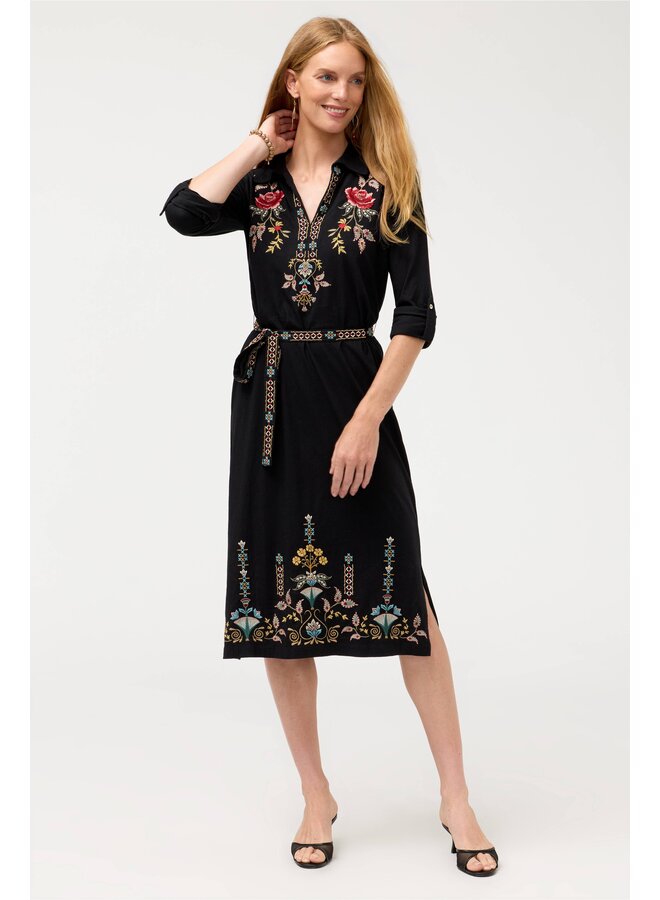 Embroidered Belt Henley Dress Anya Black