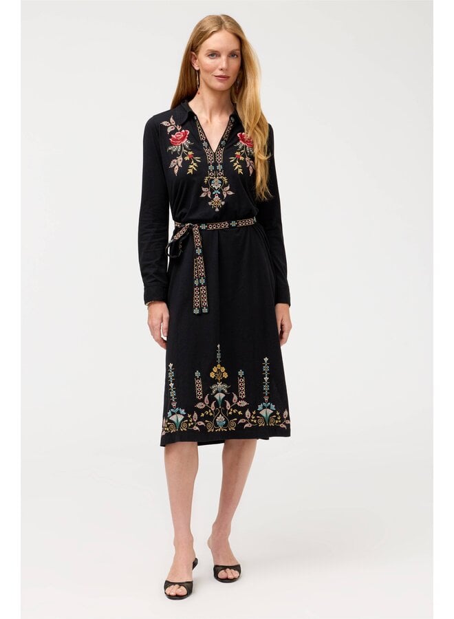 Embroidered Belt Henley Dress Anya Black