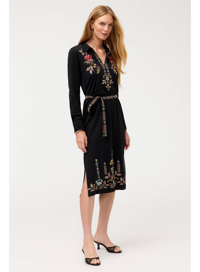 Embroidered Belt Henley Dress Anya Black