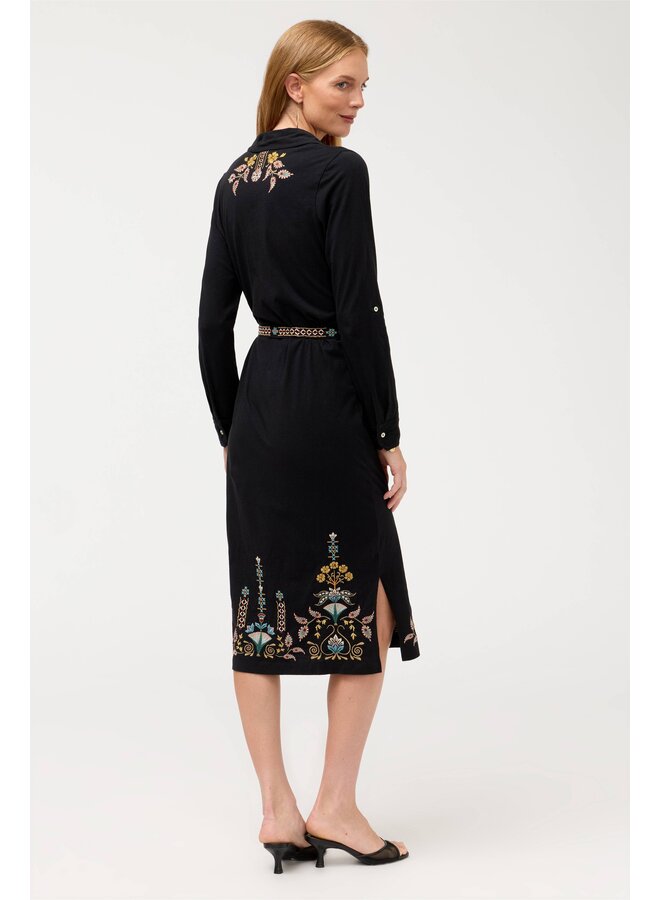 Embroidered Belt Henley Dress Anya Black