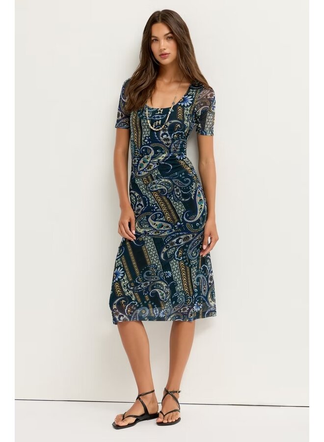 Scoop Neck Ruched Front Mesh Midi Dress Montecito