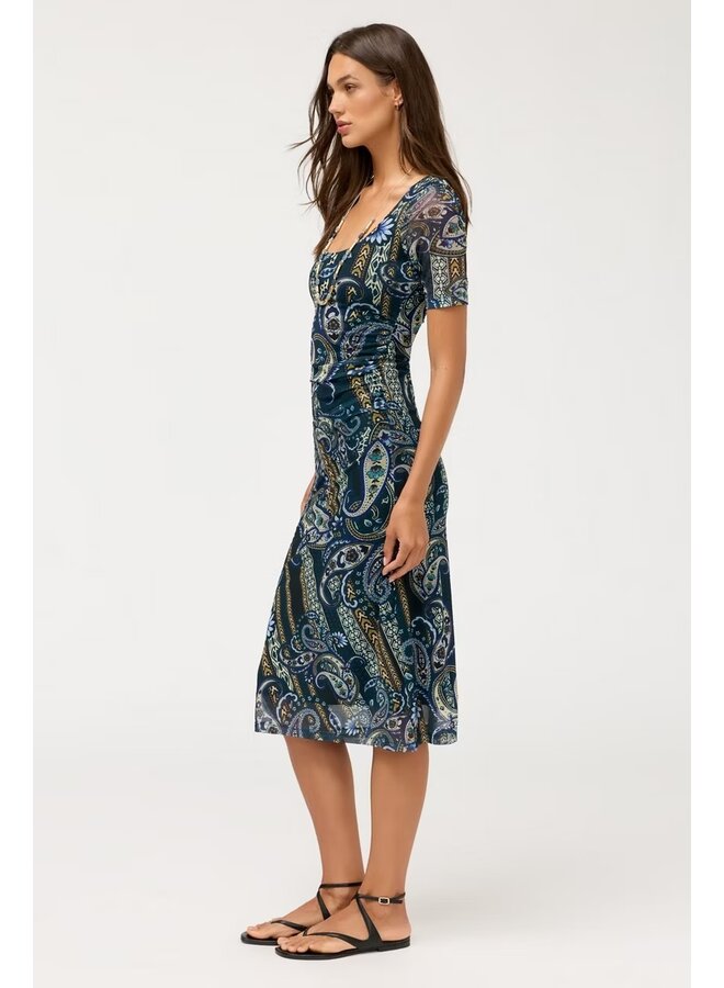 Scoop Neck Ruched Front Mesh Midi Dress Montecito