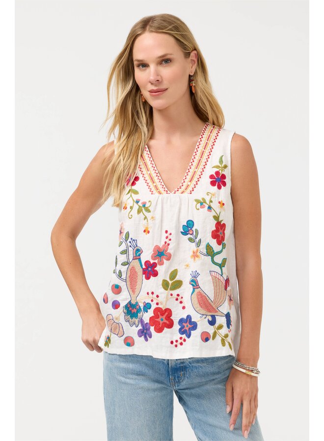 V-Neck Shirred Linen Tank Estrella White