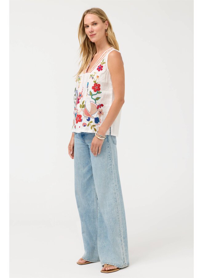 V-Neck Shirred Linen Tank Estrella White