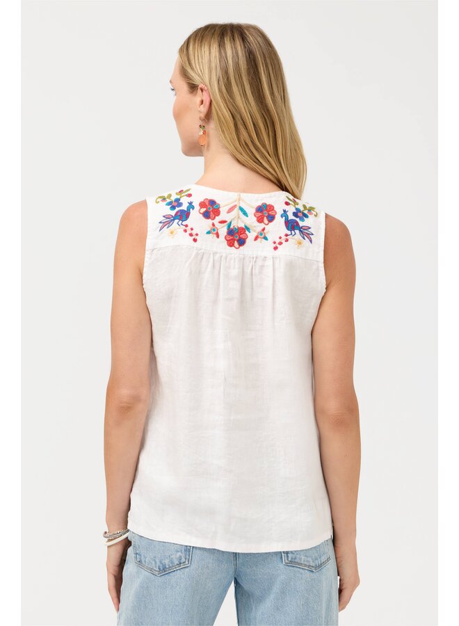 V-Neck Shirred Linen Tank Estrella White