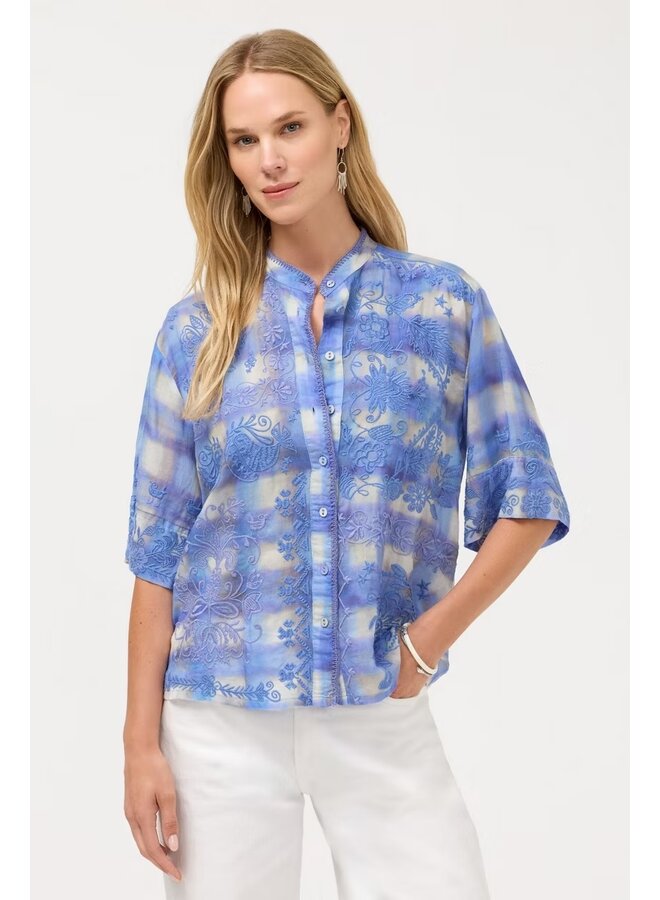 Relaxed Short Sleeve Mandarin Collar Shirt Emilia Tie Dye Plaid