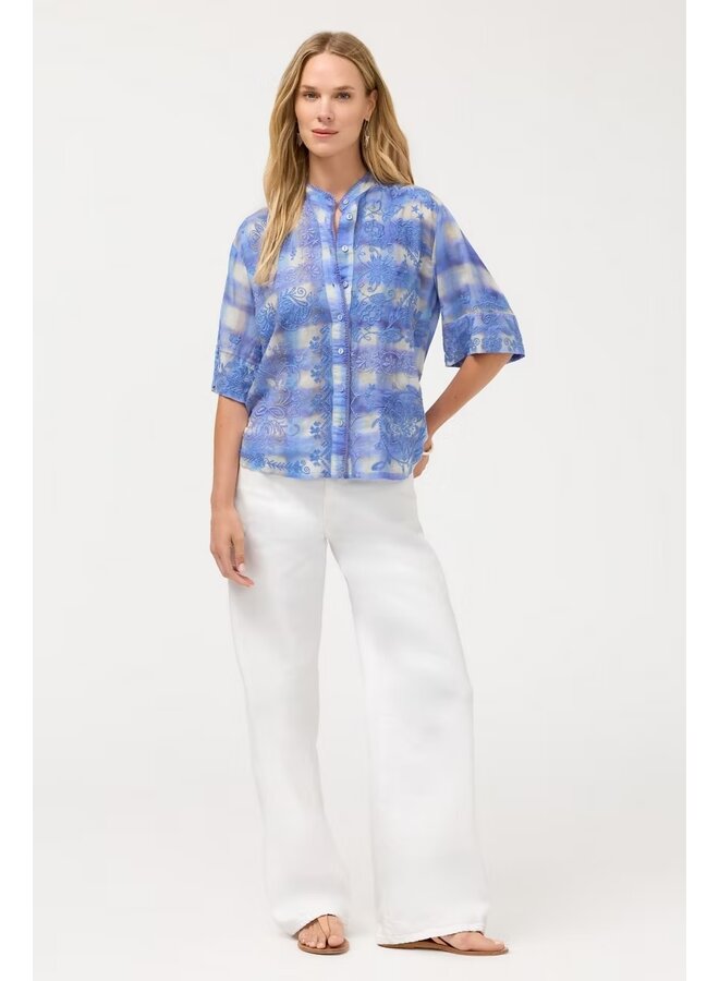 Relaxed Short Sleeve Mandarin Collar Shirt Emilia Tie Dye Plaid