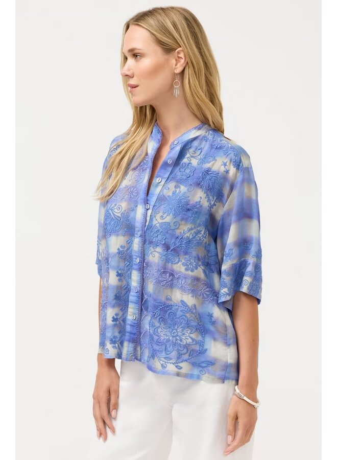 Relaxed Short Sleeve Mandarin Collar Shirt Emilia Tie Dye Plaid