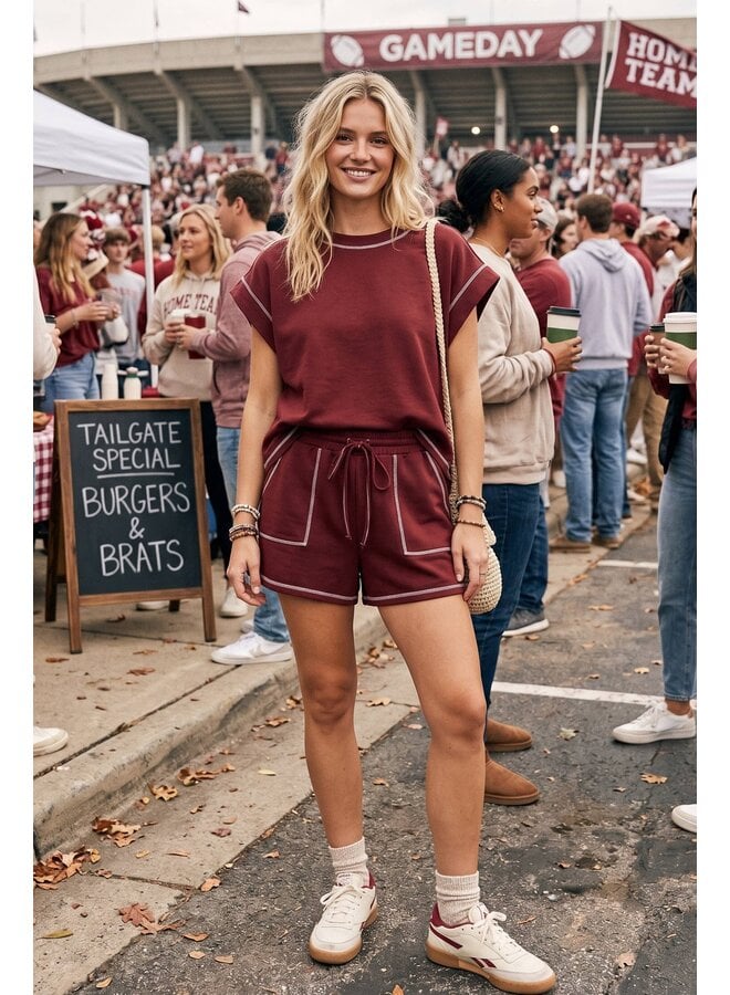 Scuba Contrast Stitch Game Day Lounge Set Maroon