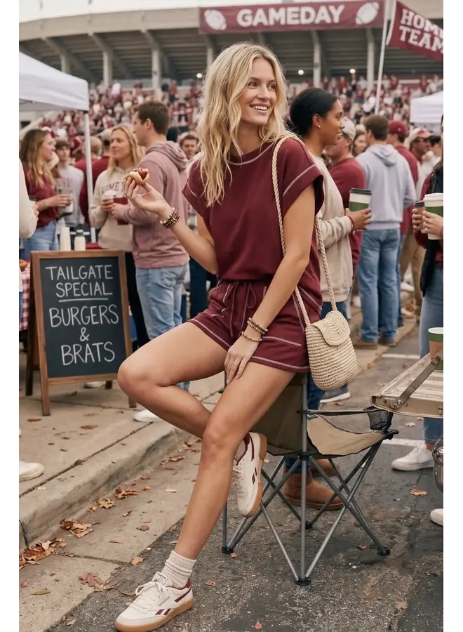 Scuba Contrast Stitch Game Day Lounge Set Maroon