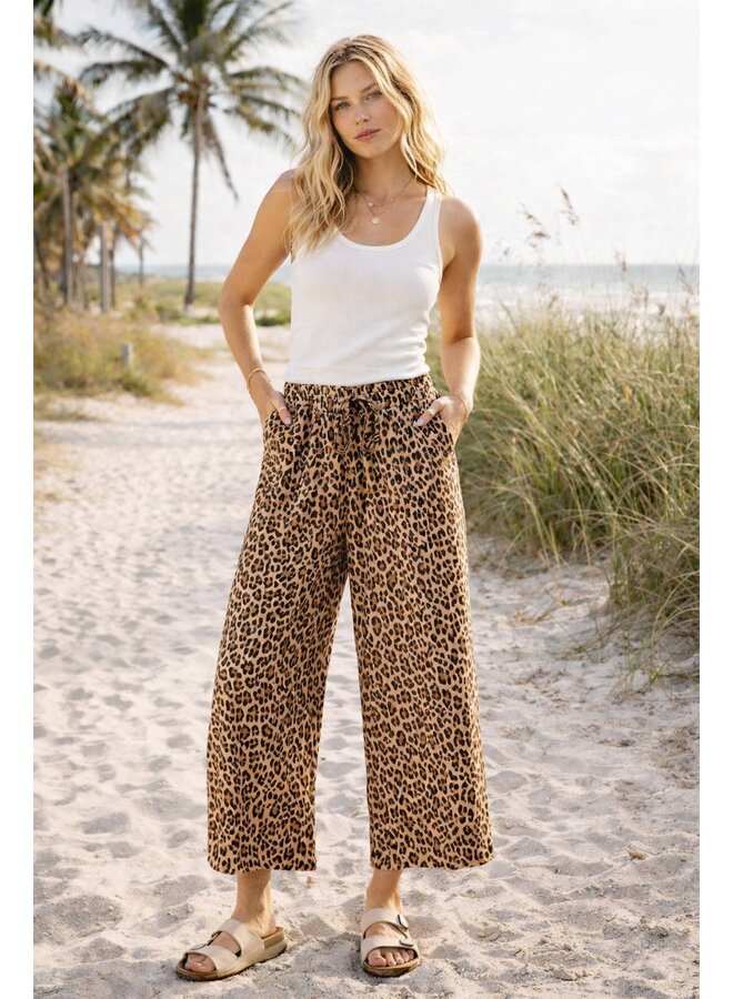 Leopard Print Wide Leg Drawstring Pants Brown