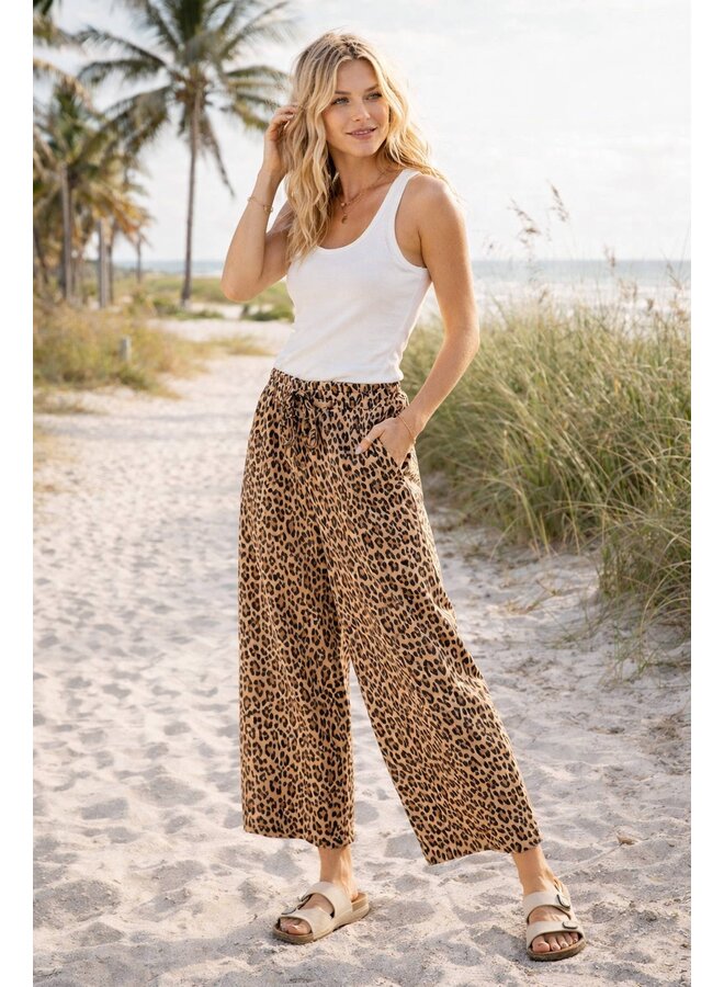 Leopard Print Wide Leg Drawstring Pants Brown