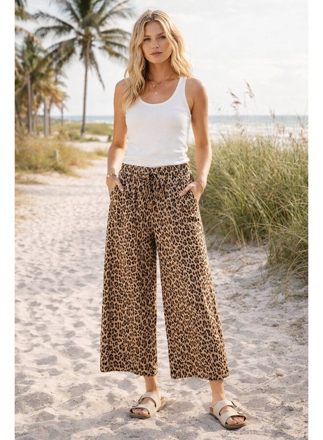 Leopard Print Wide Leg Drawstring Pants Brown