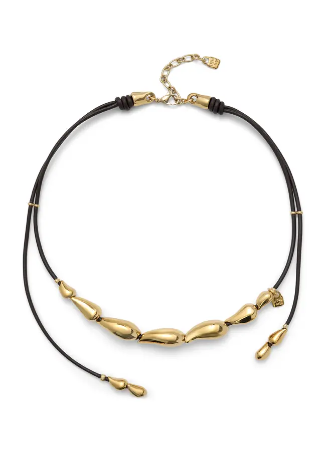 Anima Leather Necklace w/ Intertwined Drops Gold