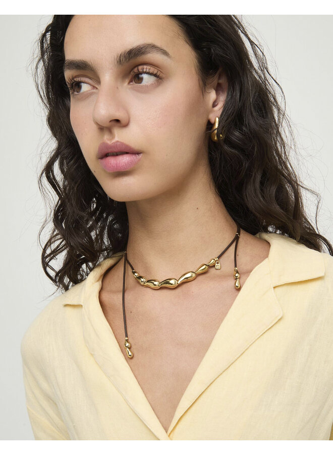 Anima Leather Necklace w/ Intertwined Drops Gold