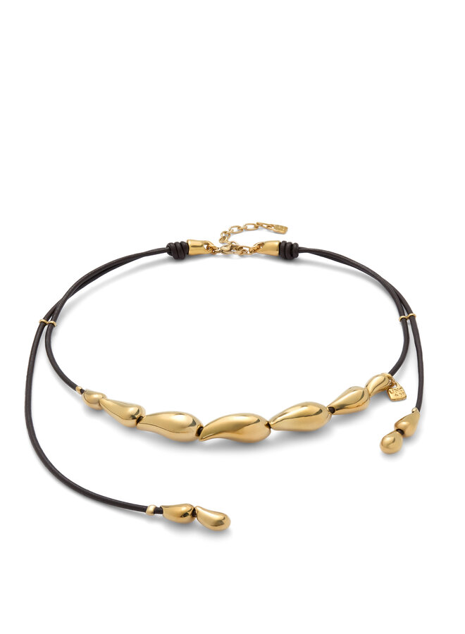 Anima Leather Necklace w/ Intertwined Drops Gold