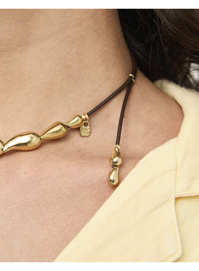 Anima Leather Necklace w/ Intertwined Drops Gold