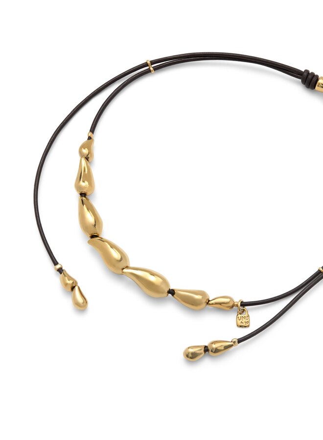 Anima Leather Necklace w/ Intertwined Drops Gold